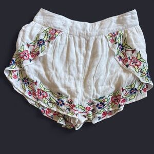Angie White Embroidered Floral Ruffle Shorts
